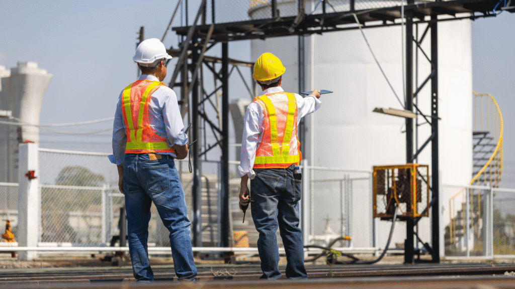 Two men wearing a hi vis looking at a site with a clipboard