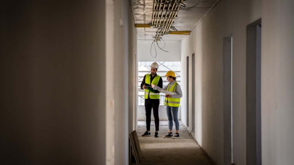 Two people surveying a commercial building to quote facilities management wearing PPE
